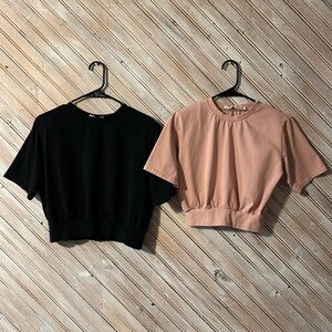 Astr The Label Black & Pink Crop Tops Cinched Waist Light Shoulder Pads